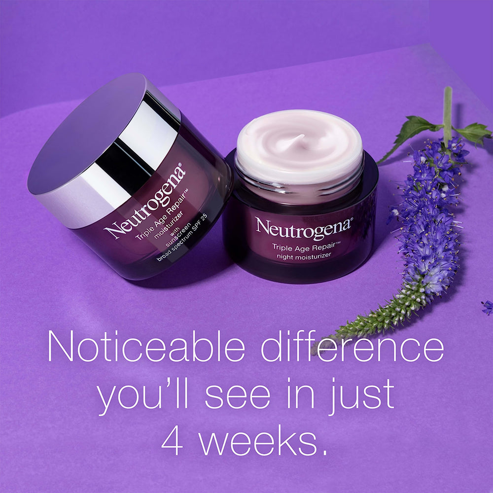 Neutrogena Triple Age Repair aplicación en manos suaves, hidratación para rostro y cuello.