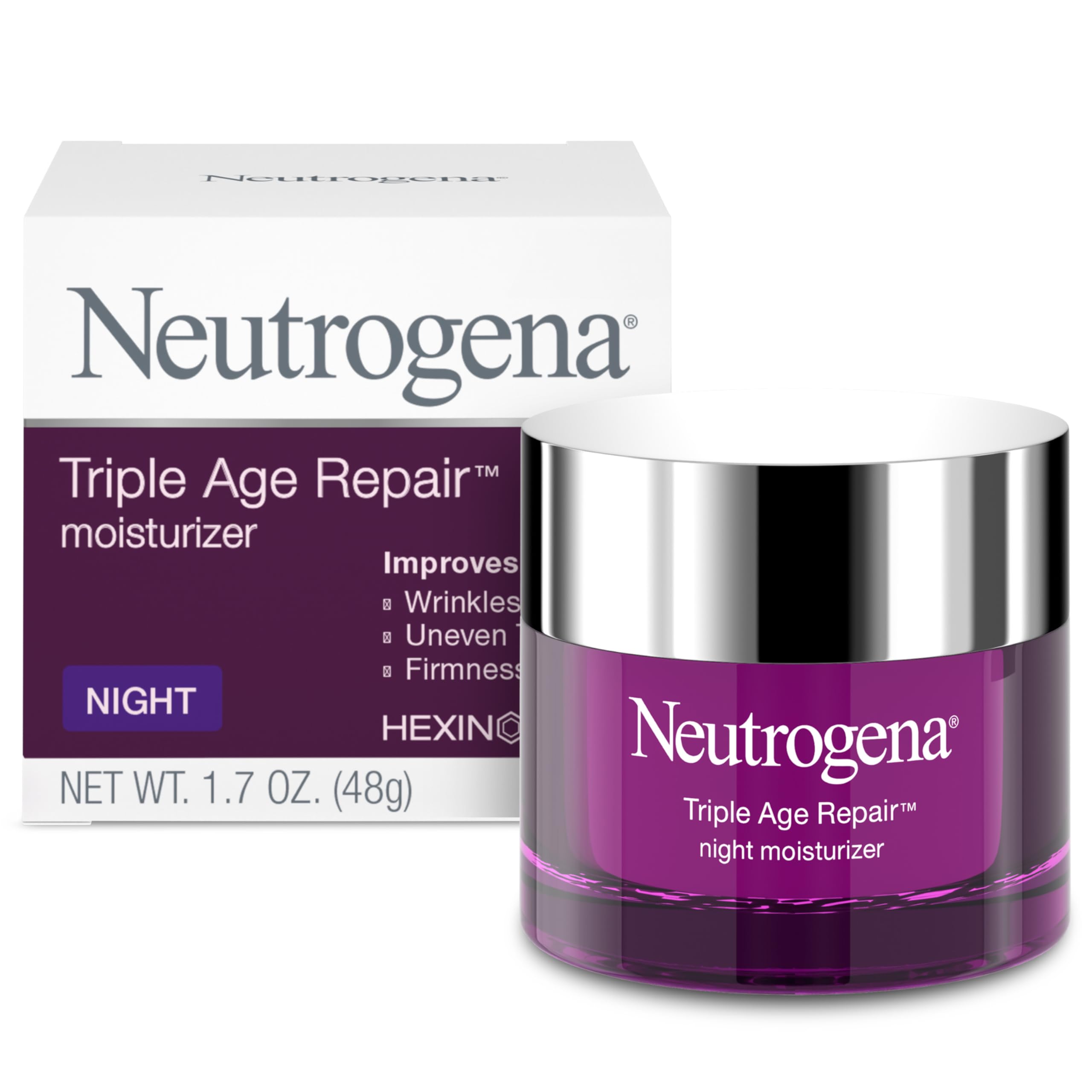 Neutrogena Triple Age Repair night cream jar offers overnight hydration and smoothing action.