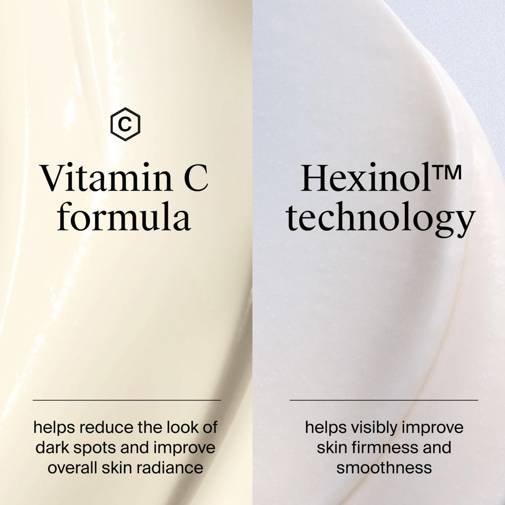 Texture close-up shows creamy formula with shea butter and glycerin.