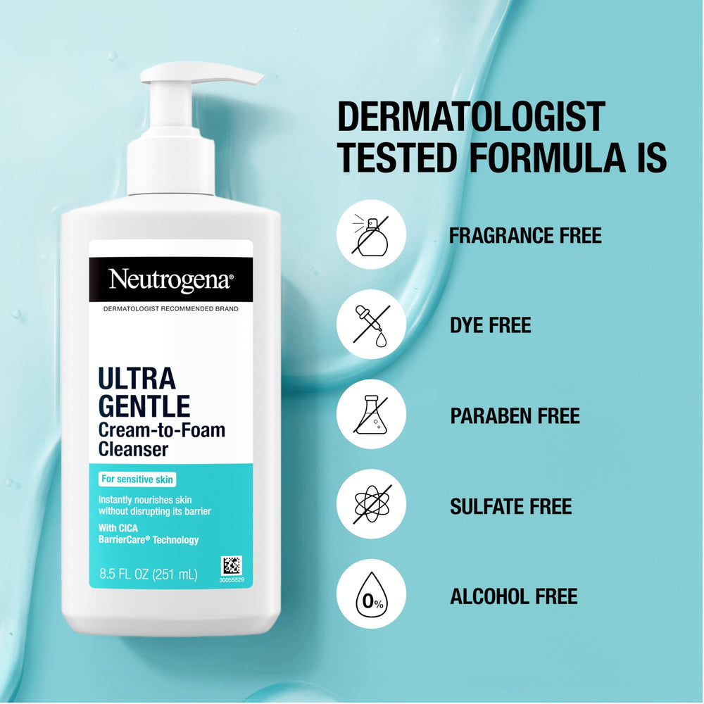 Morning skincare routine with Neutrogena Ultra Gentle cleanser.