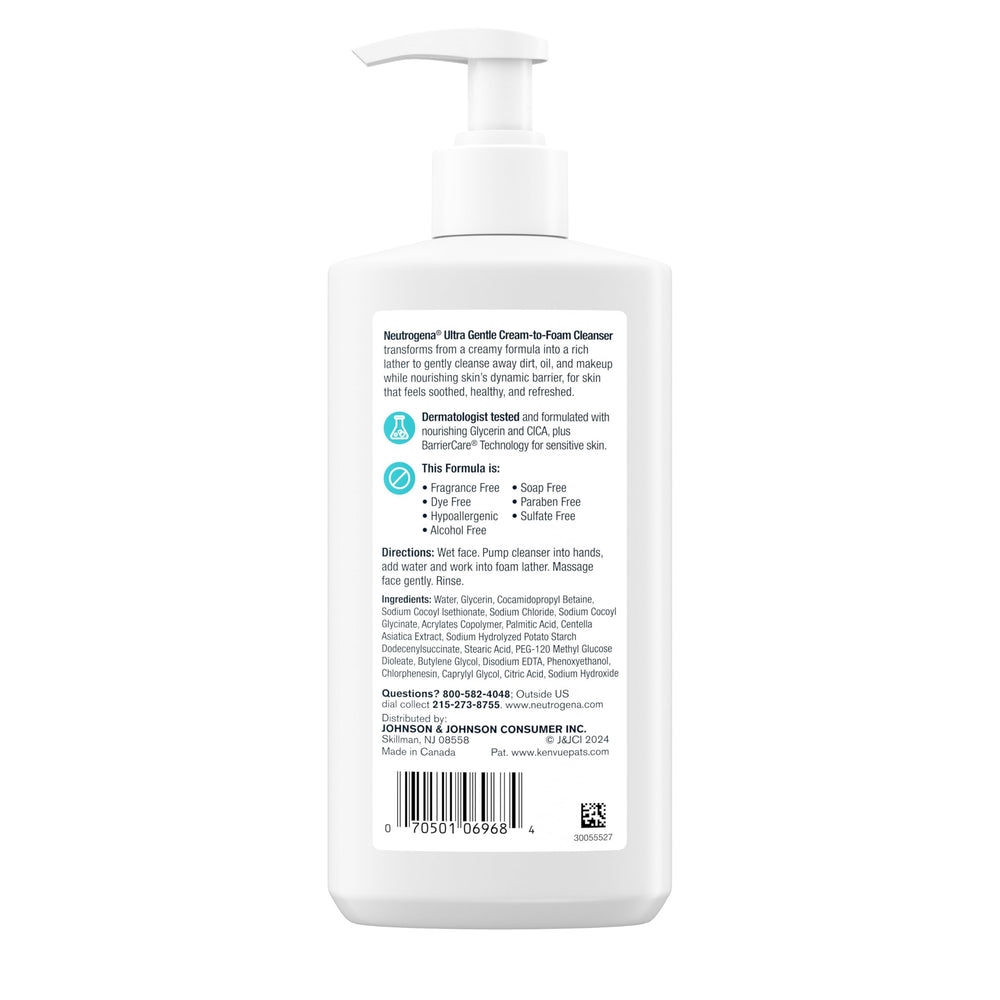Packaging shot of Neutrogena Ultra Gentle cream-to-foam cleanser.