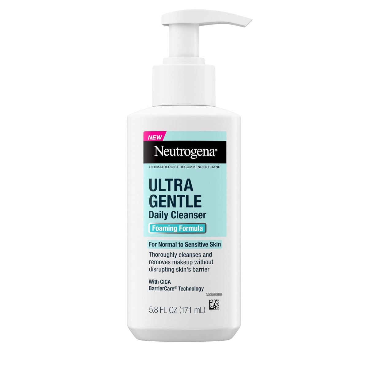 Neutrogena Ultra Gentle Foaming Cleanser bottle front, fragrance-free for sensitive skin.