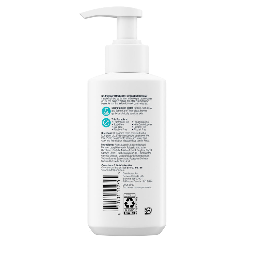 Neutrogena Ultra Gentle Foaming Cleanser daily-use routine visualized on counter.