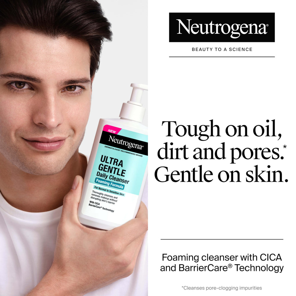 Neutrogena Ultra Gentle Foaming Cleanser foam close-up highlights airy lather.