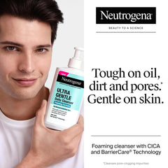 Neutrogena Ultra Gentle Foaming Cleanser foam close-up highlights airy lather.