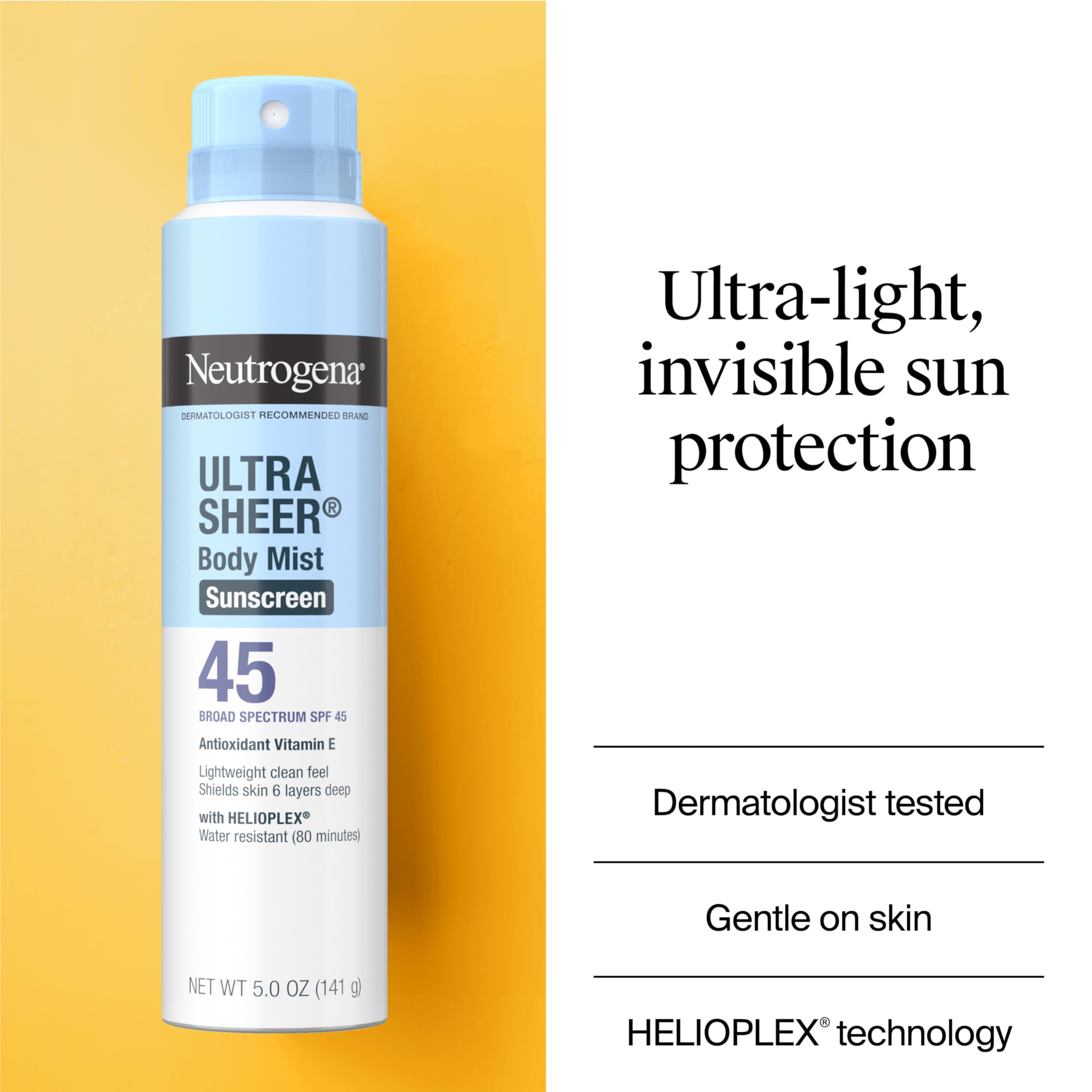 Neutrogena Ultra Sheer Body Mist on-body spray delivers weightless finish.
