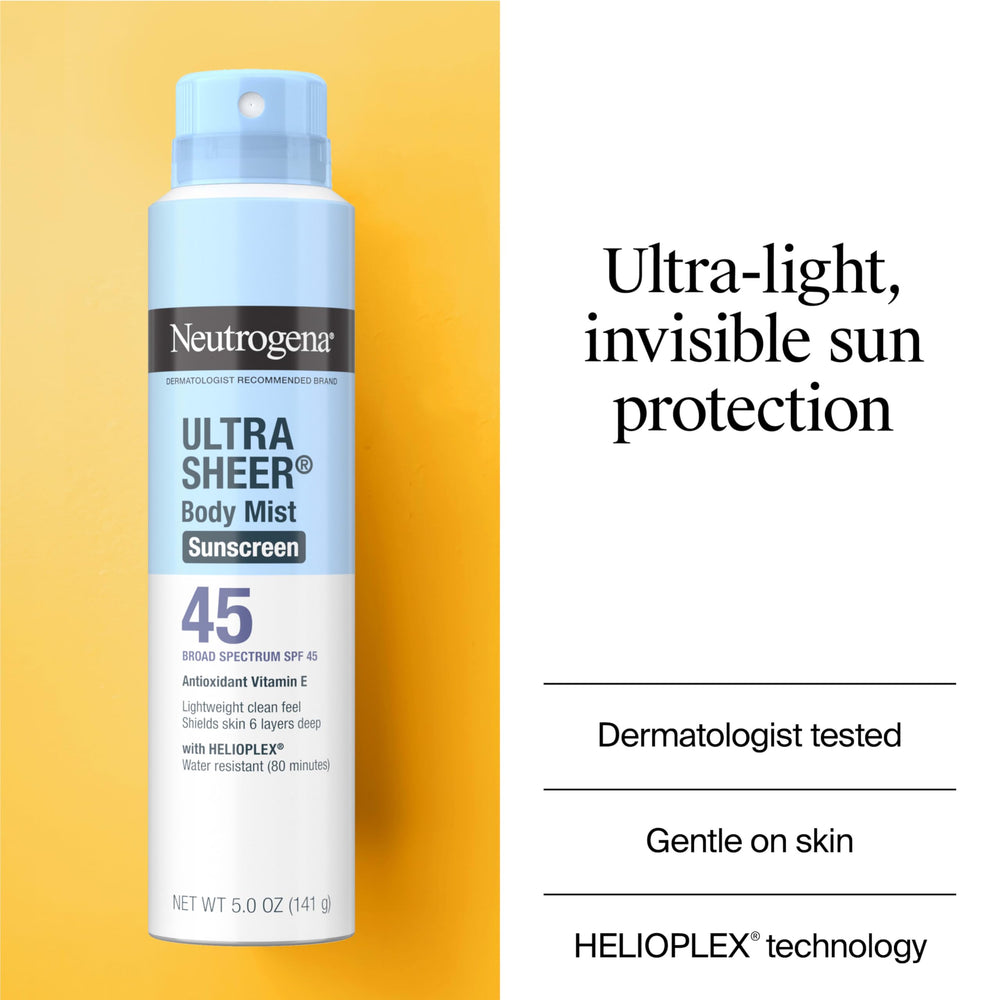 Neutrogena Ultra Sheer Body Mist on-body spray delivers weightless finish.