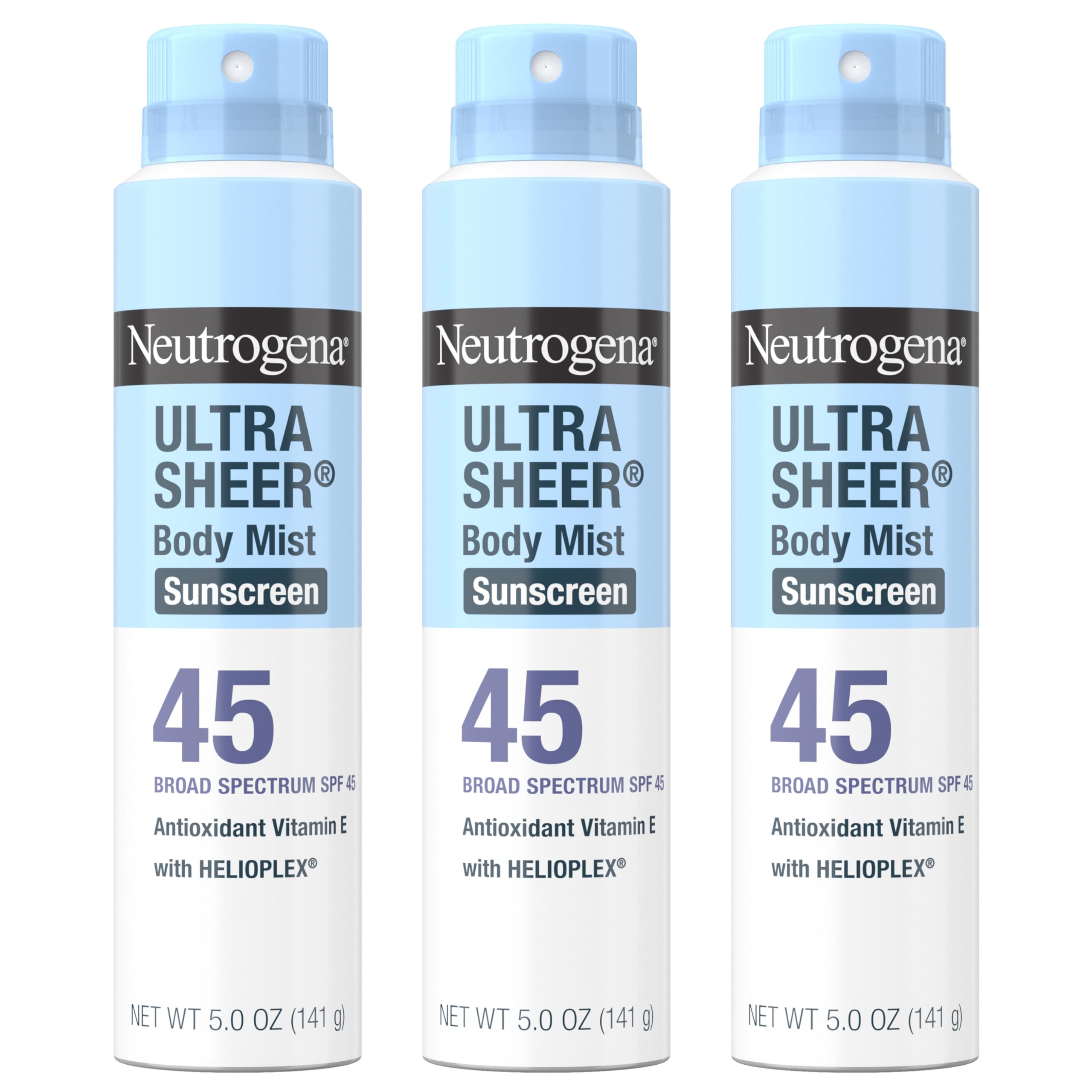 Neutrogena Ultra Sheer Body Mist bottle with SPF 45 for quick protection.