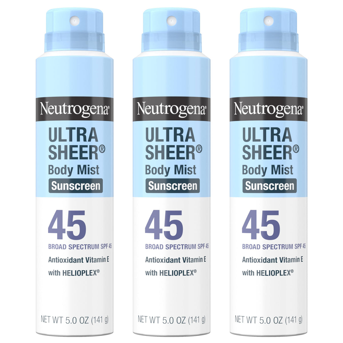 Neutrogena Ultra Sheer Body Mist bottle with SPF 45 for quick protection.
