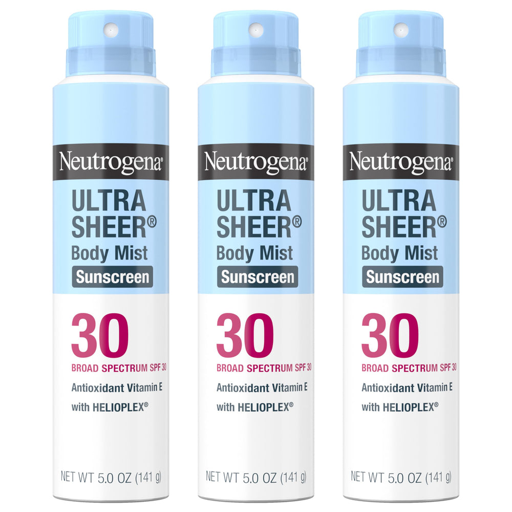 Neutrogena Ultra Sheer Body Mist SPF 30 pack of three cans for easy outdoor protection.