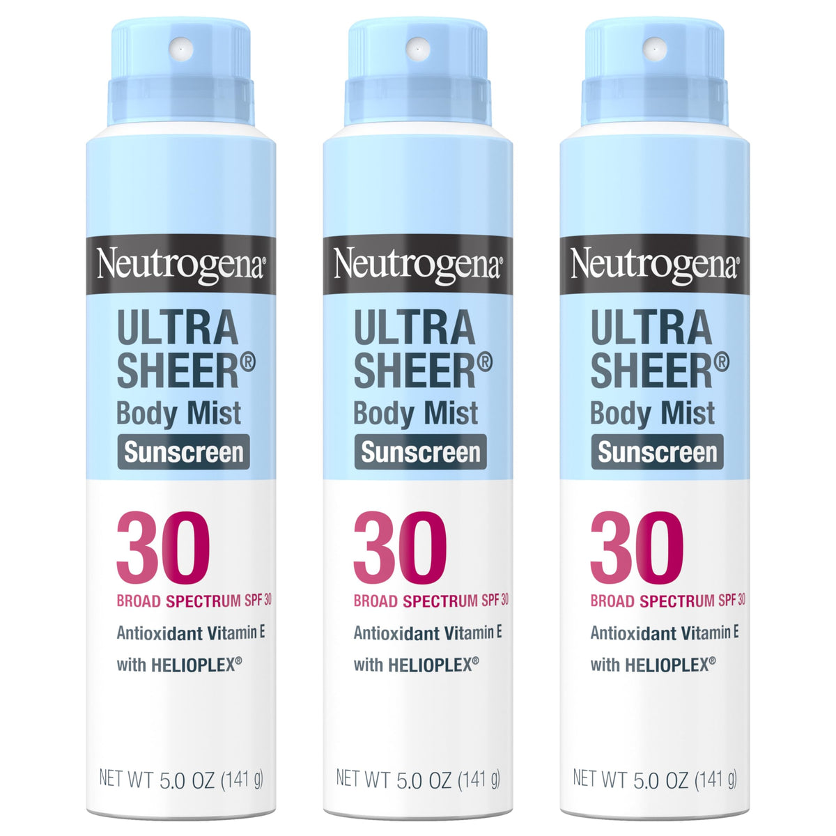 Neutrogena Ultra Sheer Body Mist SPF 30 pack of three cans for easy outdoor protection.