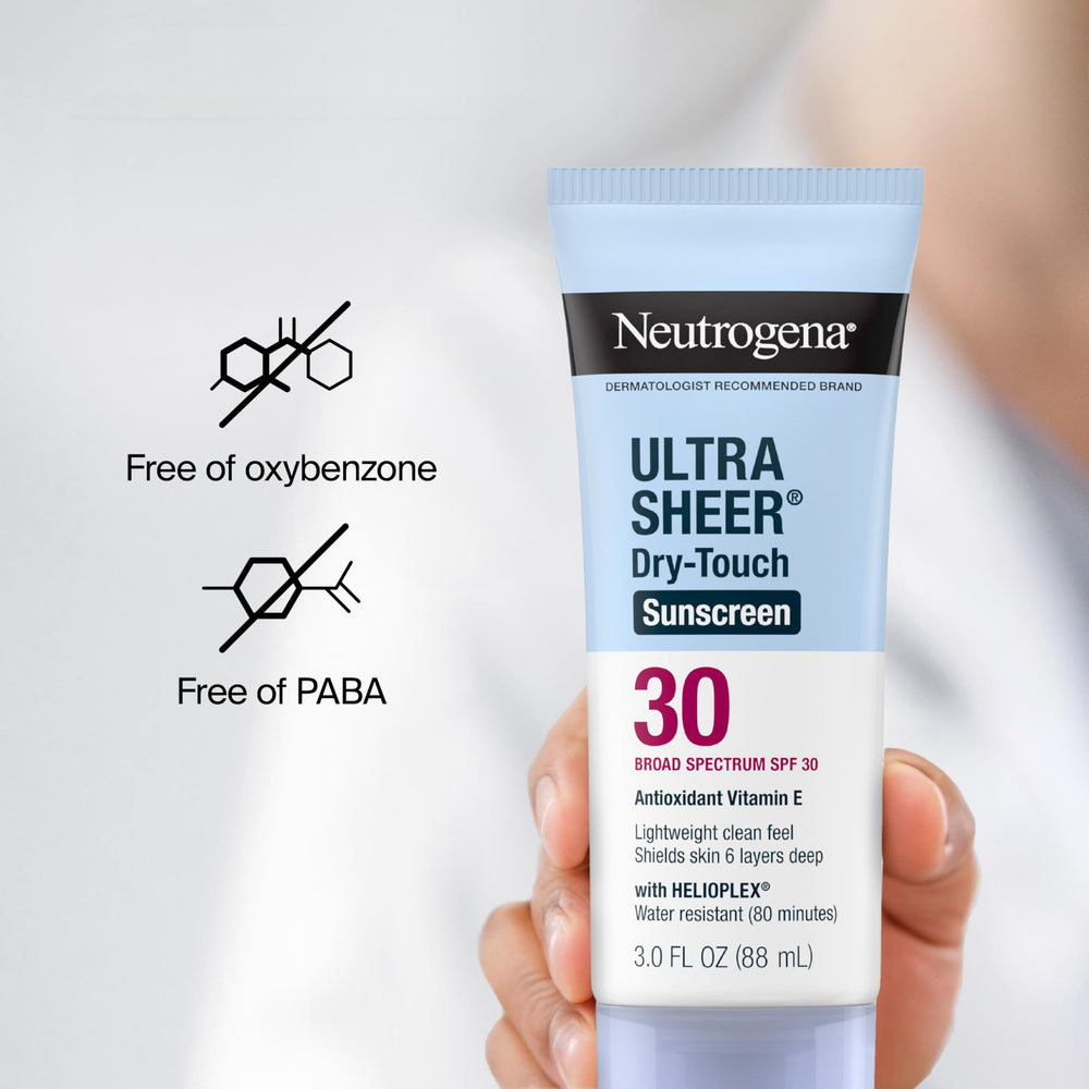 Neutrogena Ultra Sheer Dry-Touch resistencia al agua 80 minutos para actividades al aire libre.