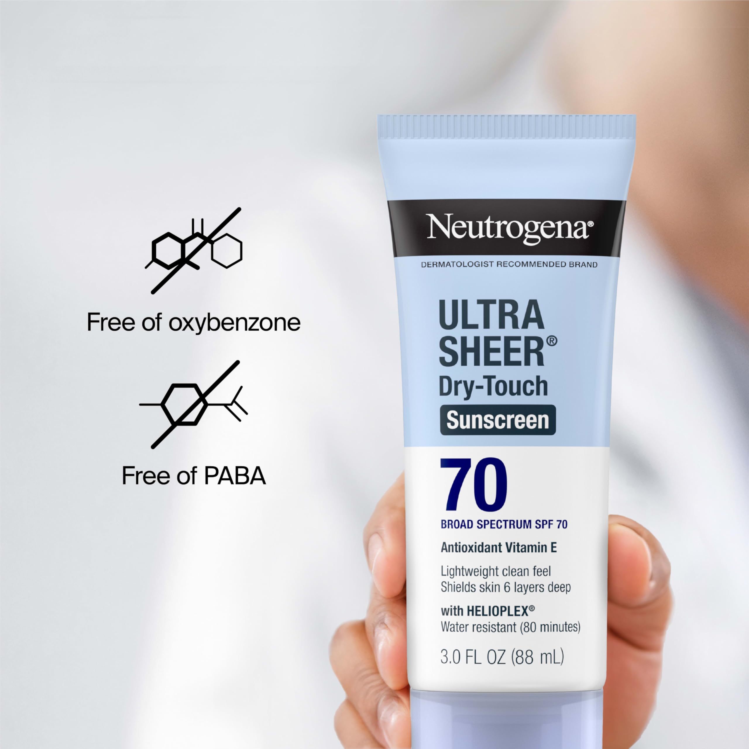 Neutrogena Ultra Sheer SPF 70, acabado mate suave para uso diario.