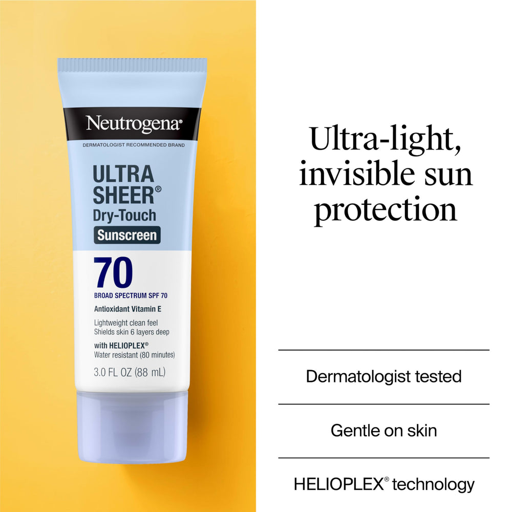 Neutrogena Ultra Sheer SPF 70, resistencia al agua, ideal para actividades al aire libre.