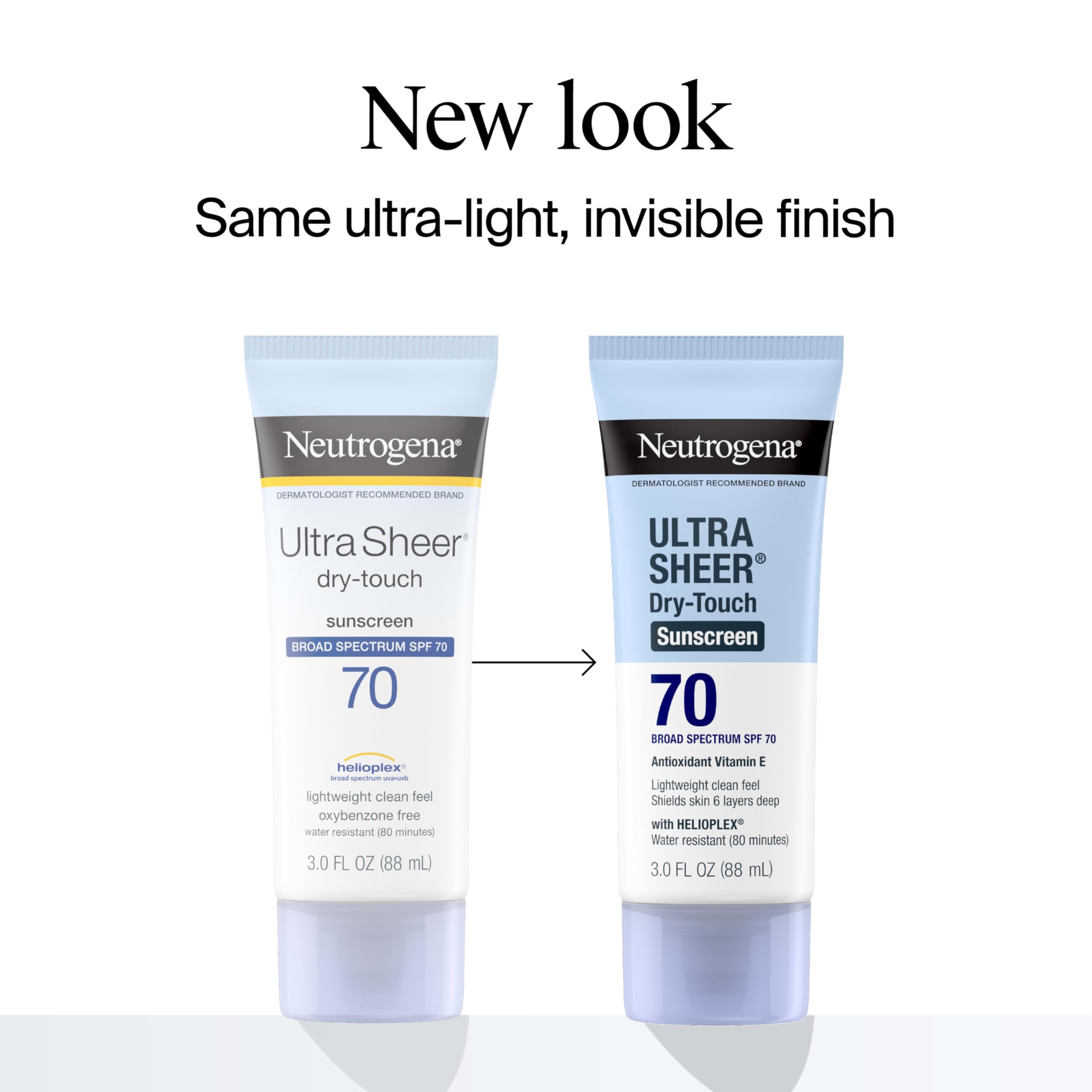 Neutrogena Ultra Sheer SPF 70, textura seca, sensación ligera para la piel sin grasa.