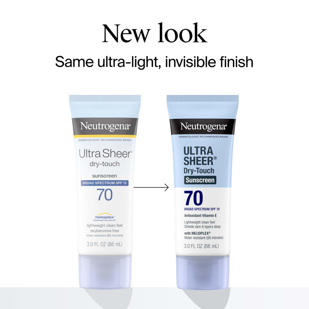 Neutrogena Ultra Sheer SPF 70, textura seca, sensación ligera para la piel sin grasa.