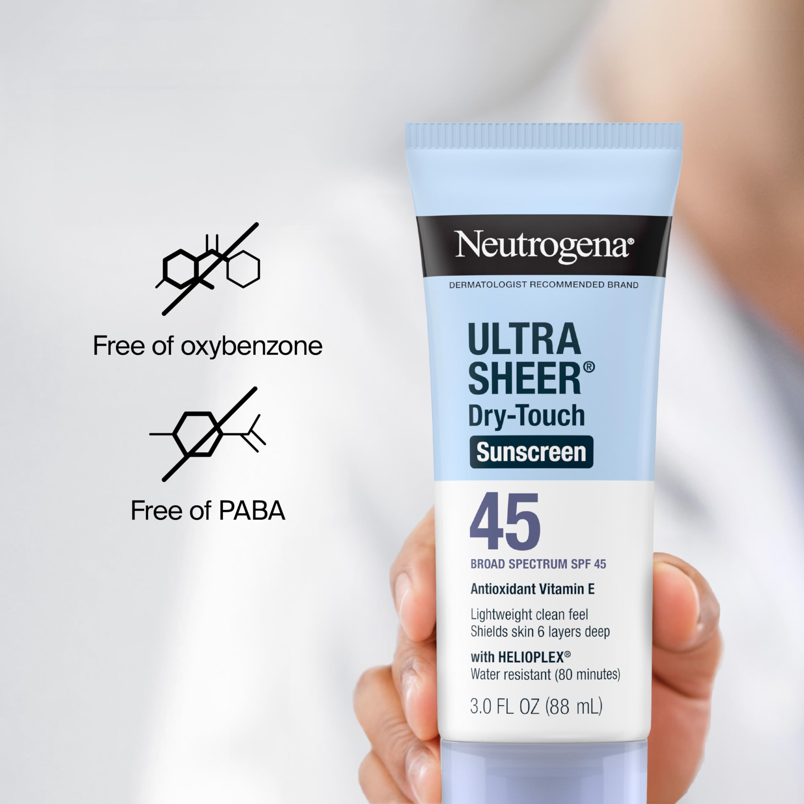 Neutrogena Ultra Sheer SPF 45, formato de viaje TSA aprobado.