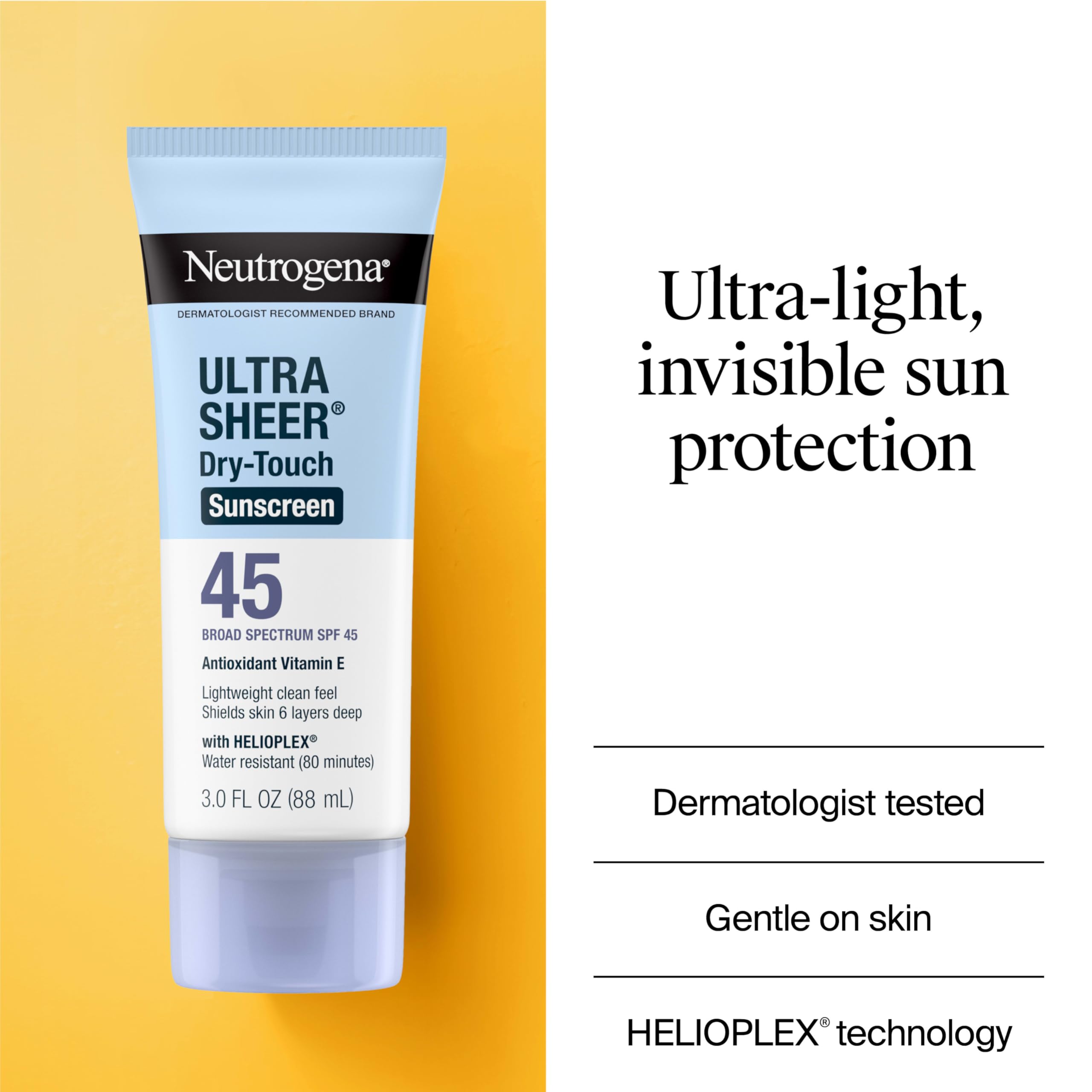 Neutrogena Ultra Sheer SPF 45, protección UVA/UVB con tecnología Helioplex.
