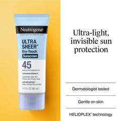 Neutrogena Ultra Sheer SPF 45, protección UVA/UVB con tecnología Helioplex.