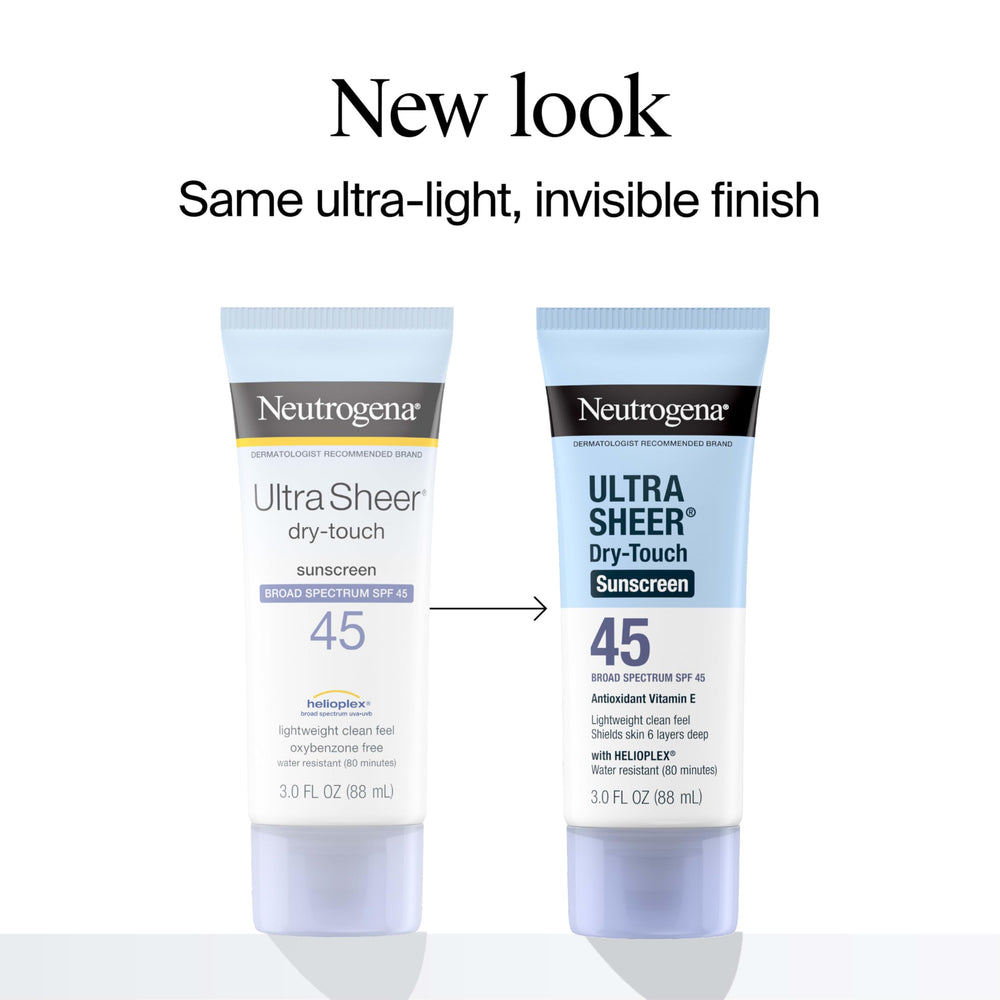 Neutrogena Ultra Sheer SPF 45, textura seca y rápida absorción para uso diario.