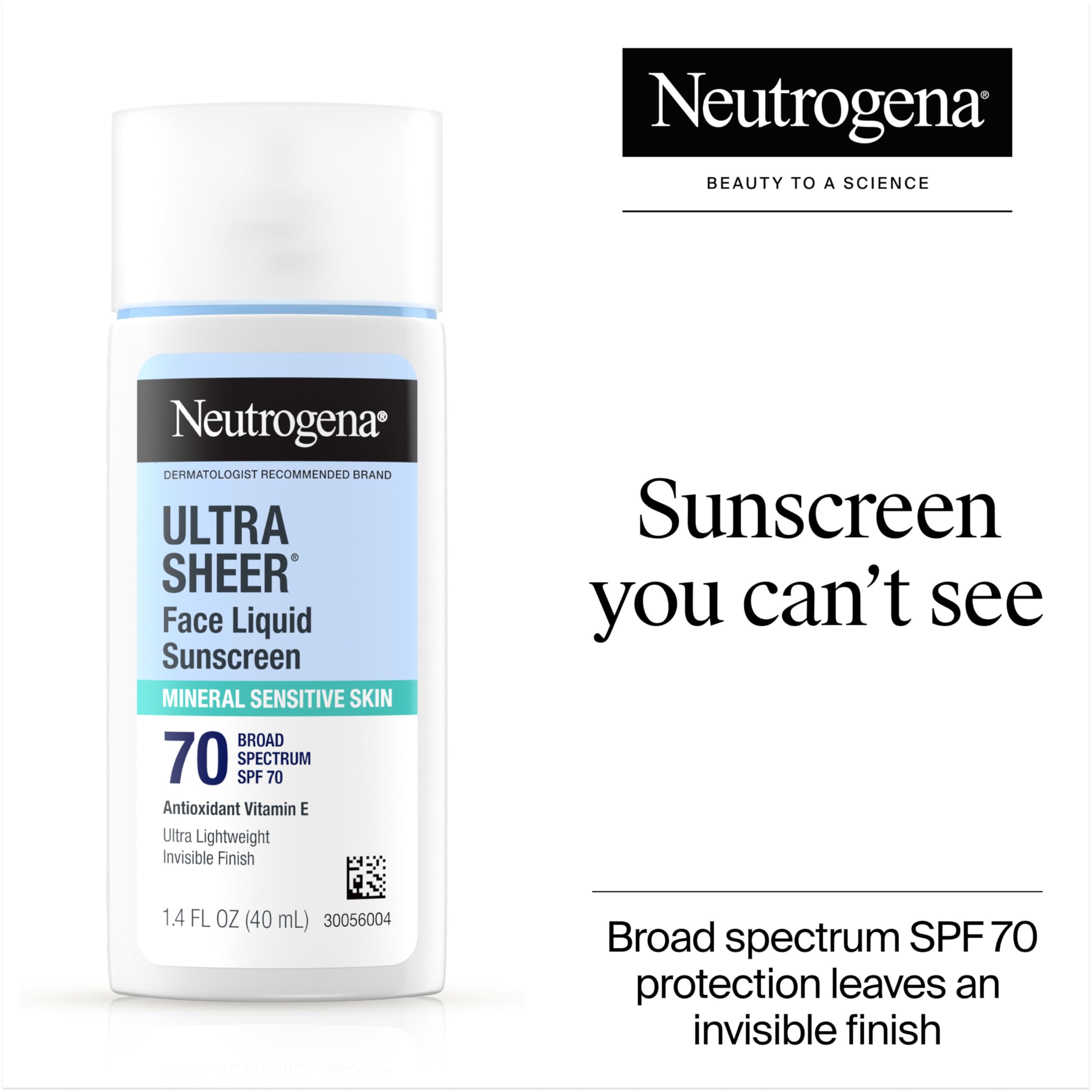 Neutrogena Ultra Sheer Mineral Face SPF 70, aplicación suave y acabado translúcido diario.
