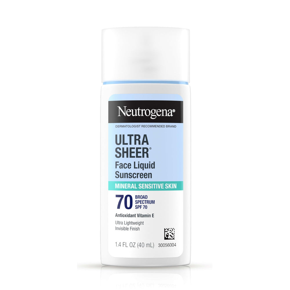 Neutrogena Ultra Sheer Mineral Face SPF 70 en bote sedoso, ideal para piel sensible.