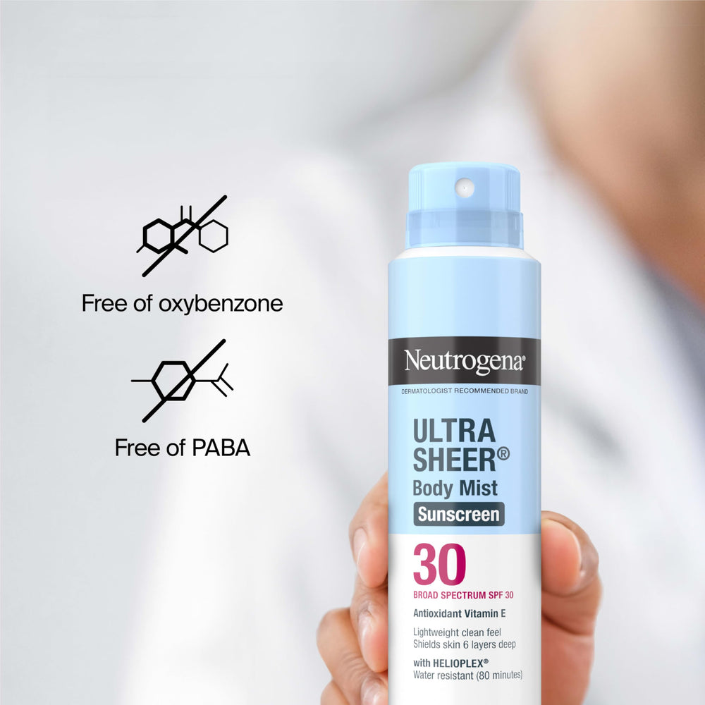 Water-resistant Neutrogena sunscreen spray up to 80 minutes during activity.