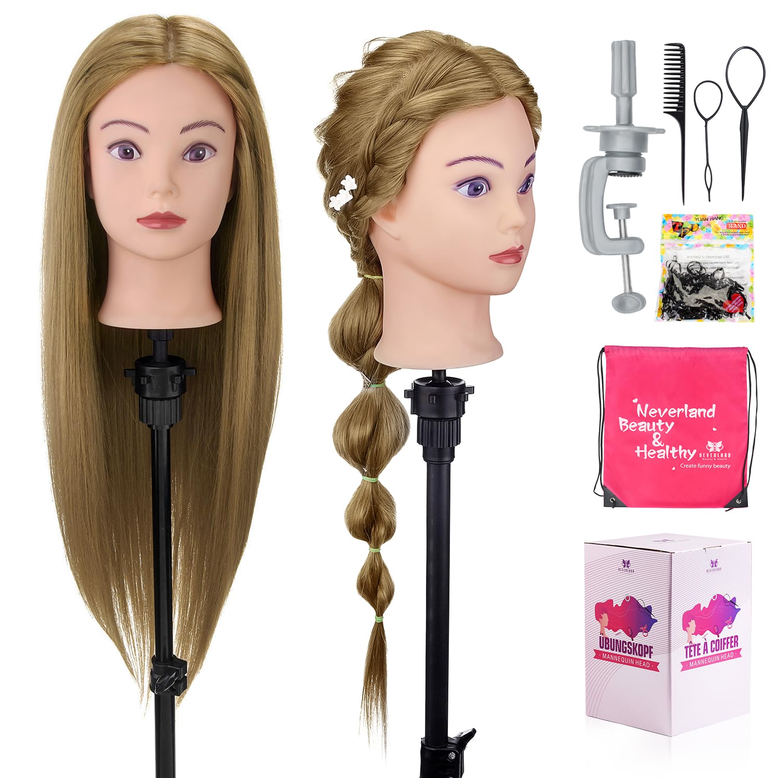 Neverland Beauty 28-inch real hair head front view ideal for braiding practice.