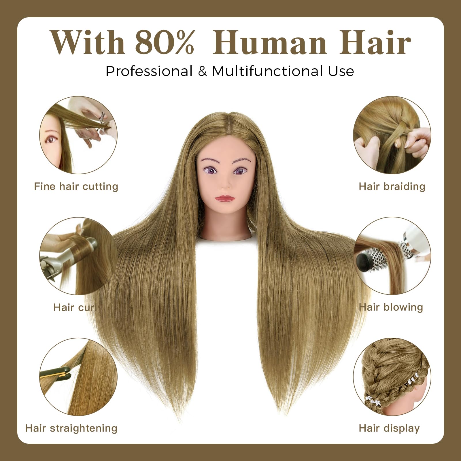 Neverland Beauty cosmetology head supports styling, cutting, and heat styling for training.