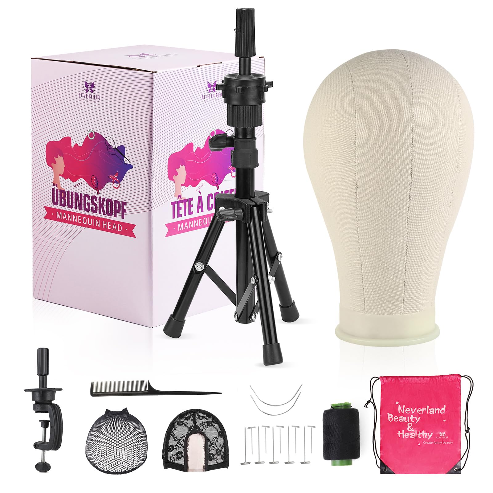 Neverland Wig Stand with canvas head for stable wig styling on desks