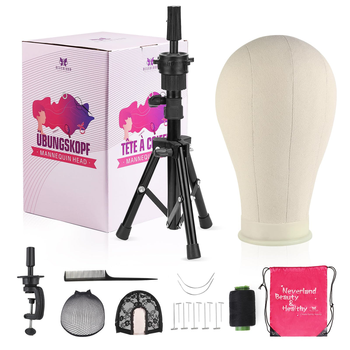Neverland Wig Stand with canvas head for stable wig styling on desks