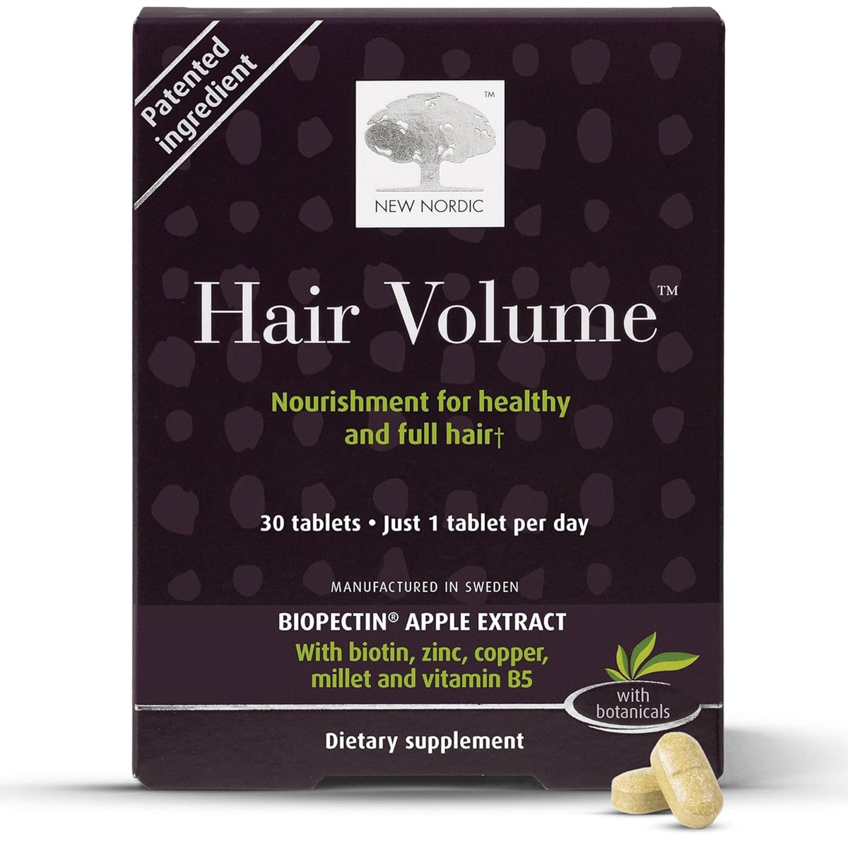 NEW NORDIC Hair Volume Tablets bottle front invites daily nourishment for healthier-looking hair.