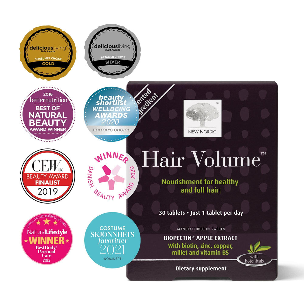 NEW NORDIC Hair Volume Tablets bottle side highlights easy daily use.