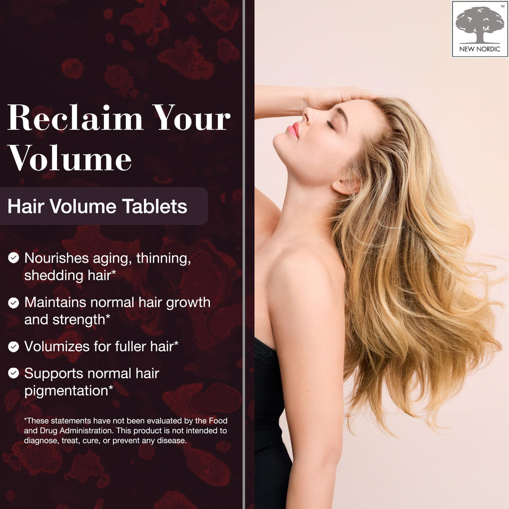 NEW NORDIC Hair Volume Tablets capsule closeup suggests simple daily intake.