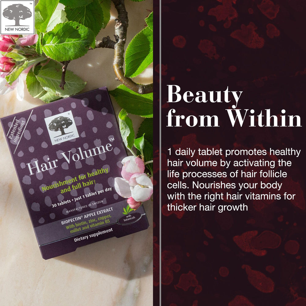 NEW NORDIC Hair Volume Tablets pills inside bottle illustrate compact daily supplement.