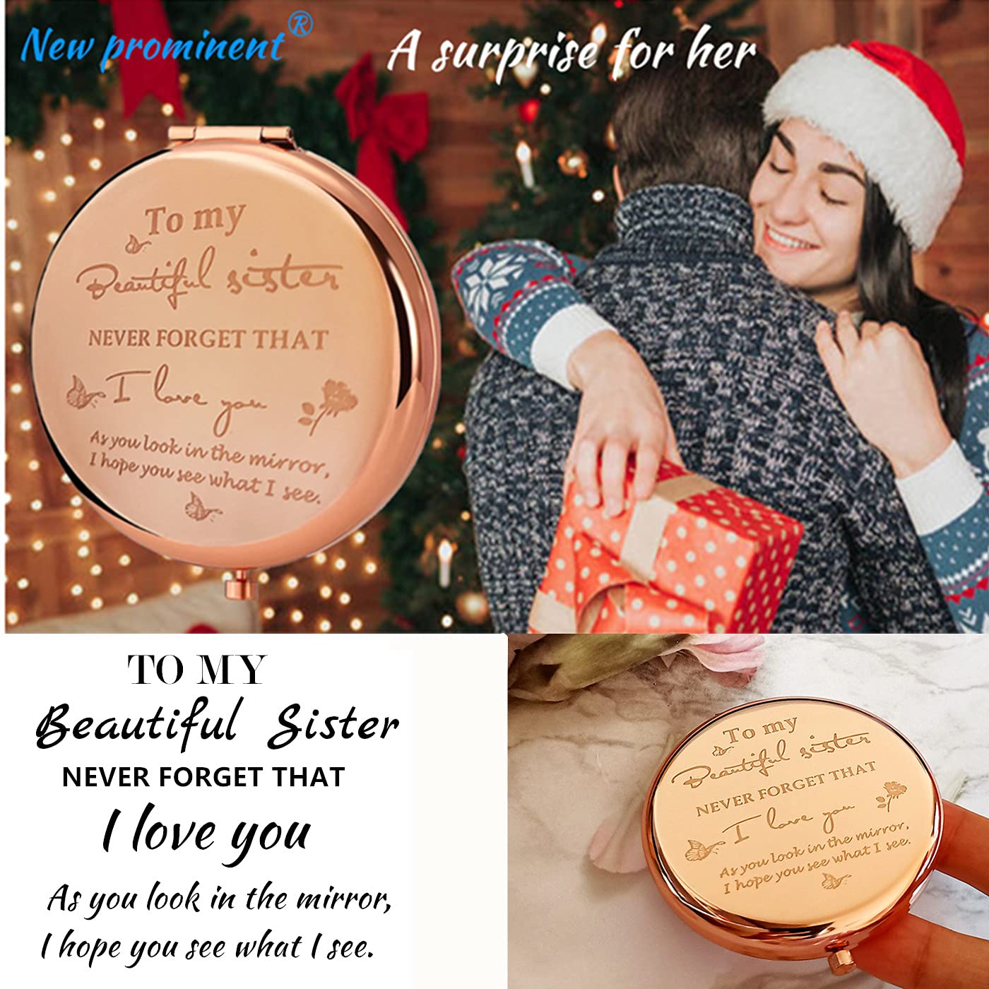 New Prominent Friend Mirror engraved message highlights sentimental sister gift.