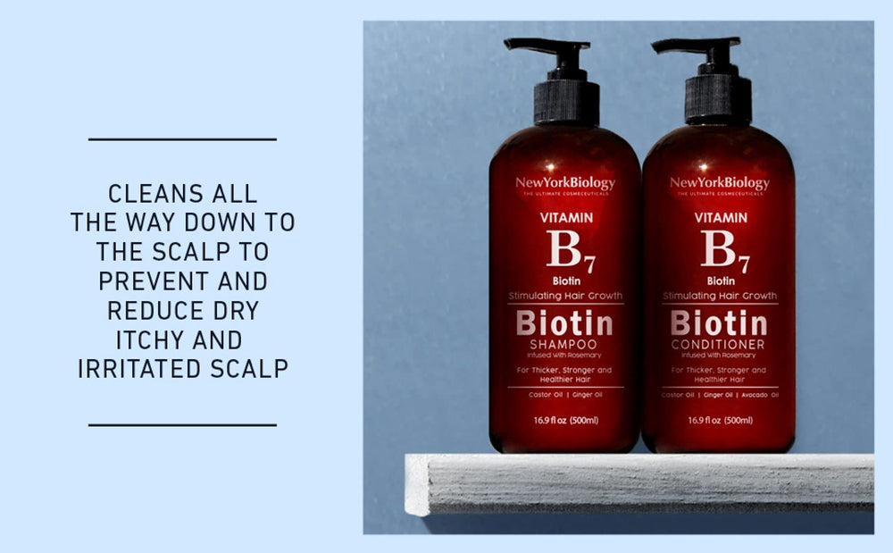 Acondicionador de biotina NEW YORK BIOLOGY, aplicación en cabello mojado, se absorbe sin residuo pesado.