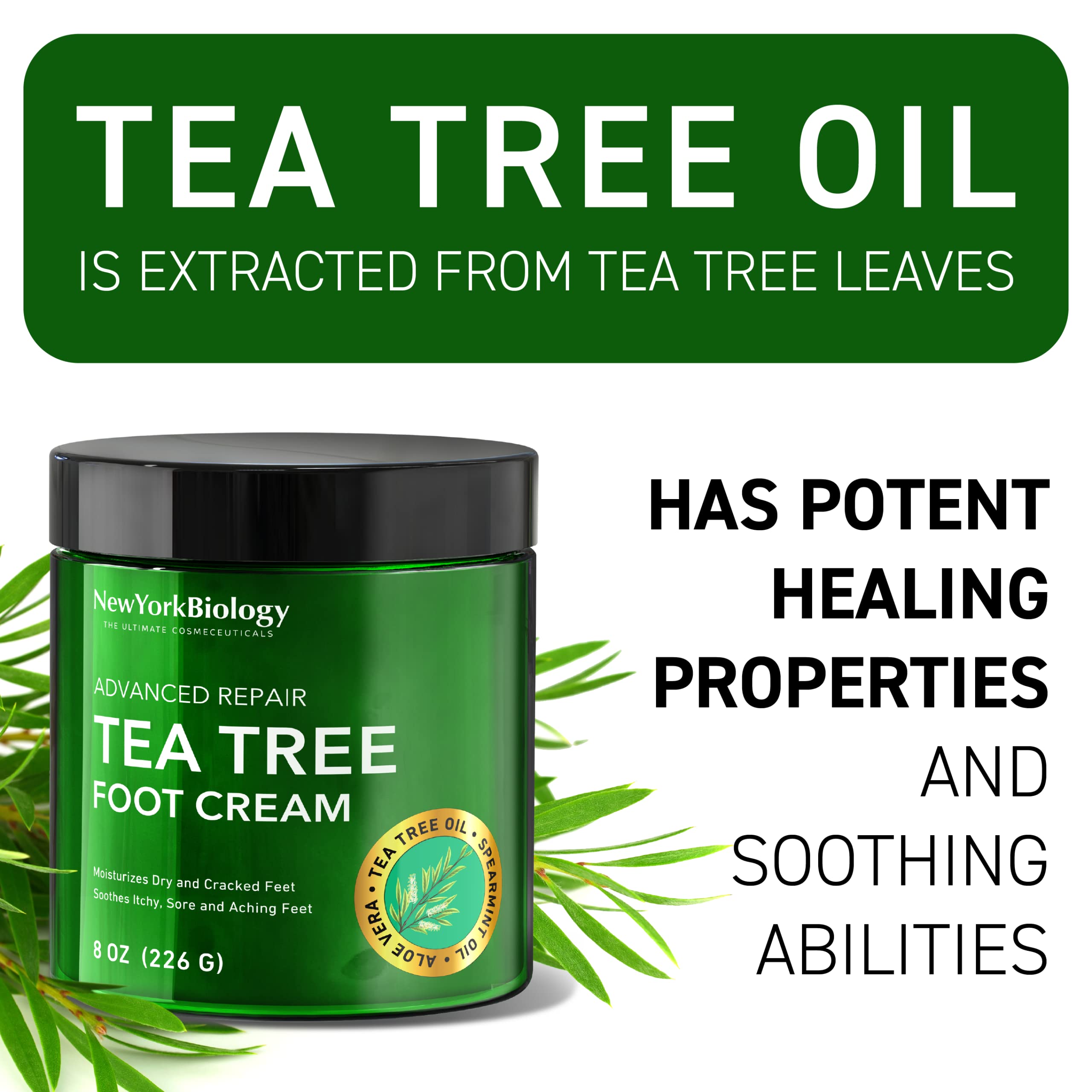 New York Biology Crema para pies, calma irritación con árbol de té.