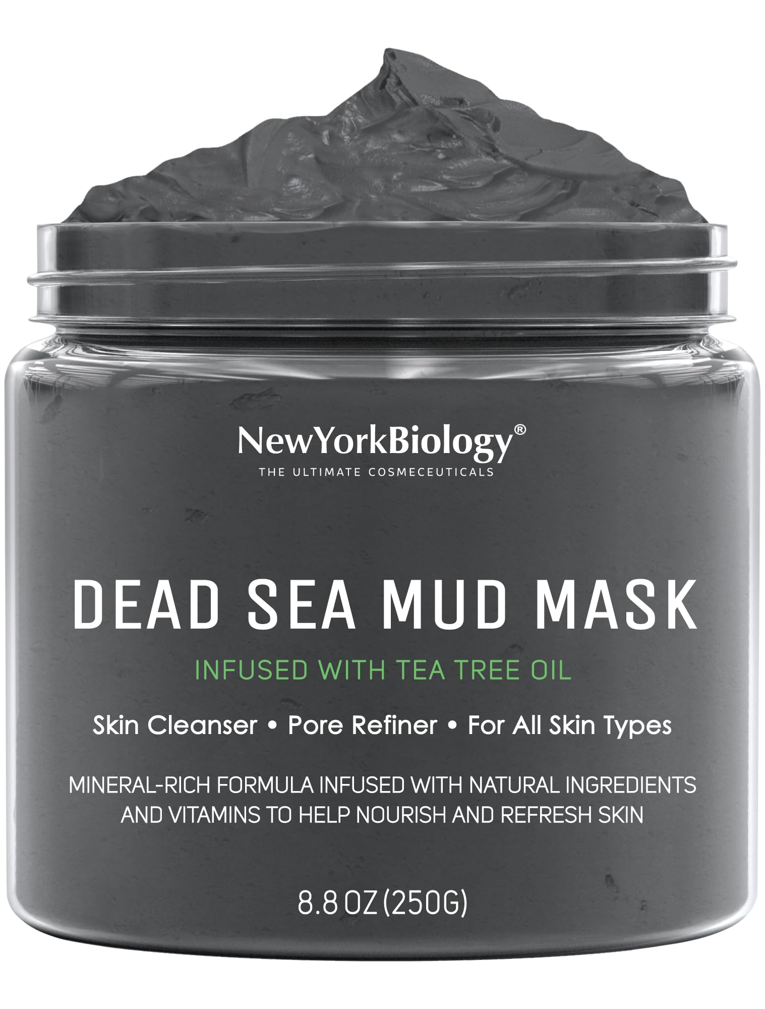 New York Biology Mascarilla Arcilla Del Mar Muerto, frasco purifica poros y deja piel suave.