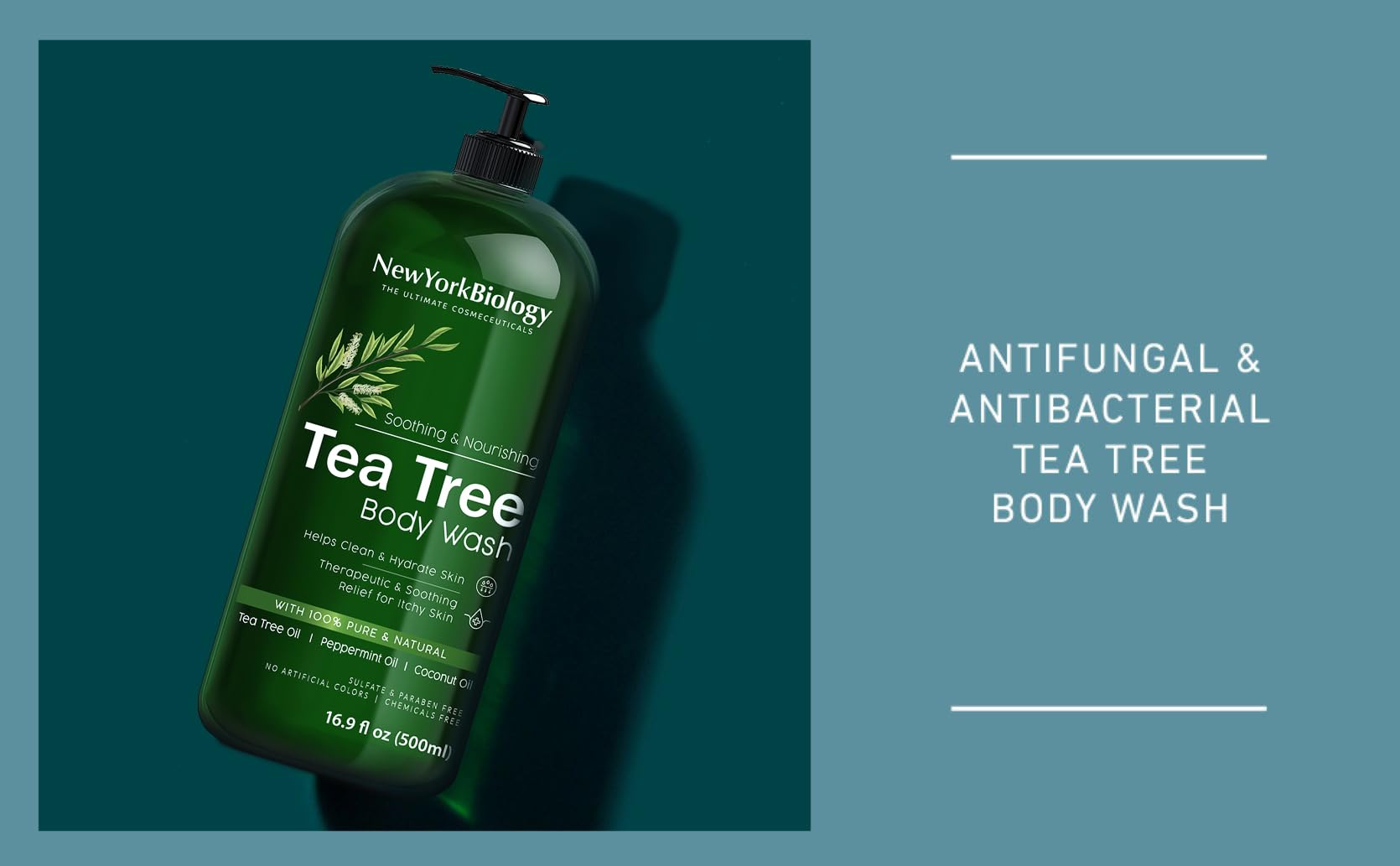 New York Biology Tea Tree Body Wash foaming pump shown for easy daily lather.