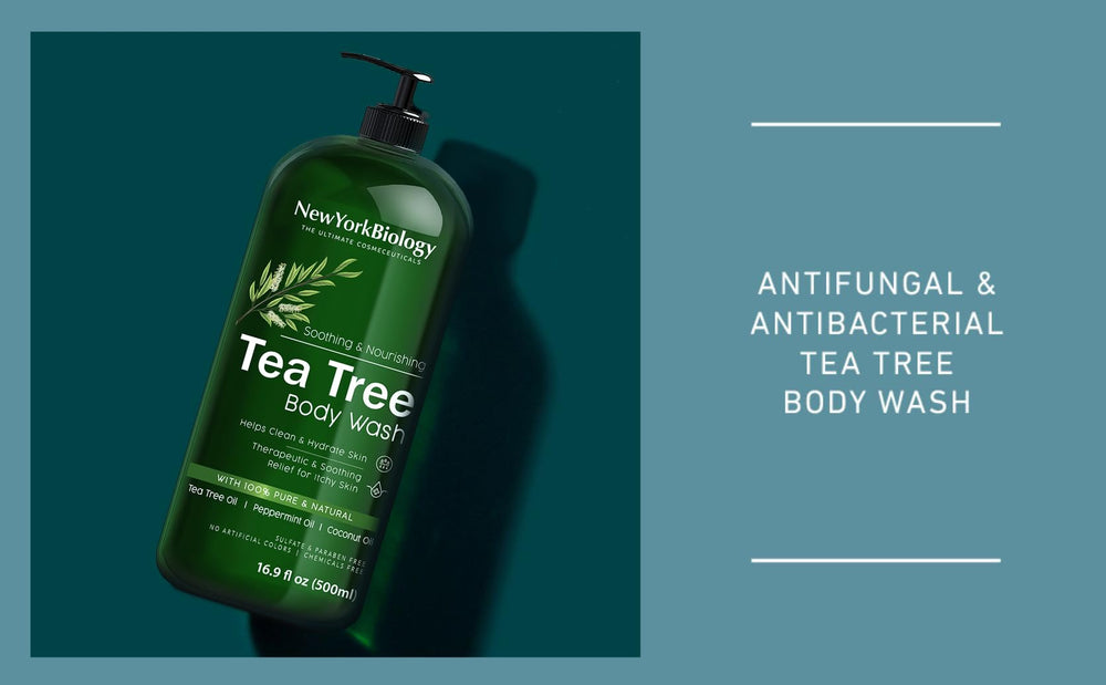 New York Biology Tea Tree Body Wash foaming pump shown for easy daily lather.