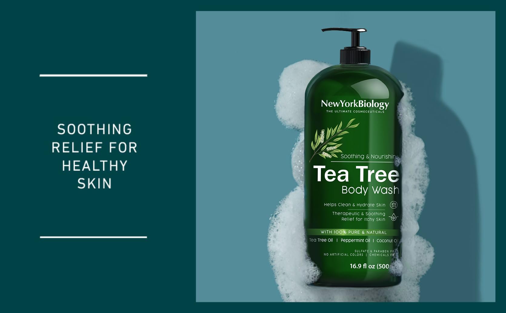 New York Biology Tea Tree Body Wash in a shower scene suggesting refreshed skin after workouts.