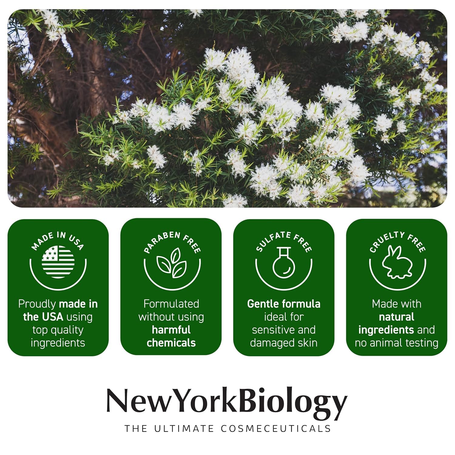 New York Biology USA-made and cruelty-free logo, emphasizing clean ingredients.