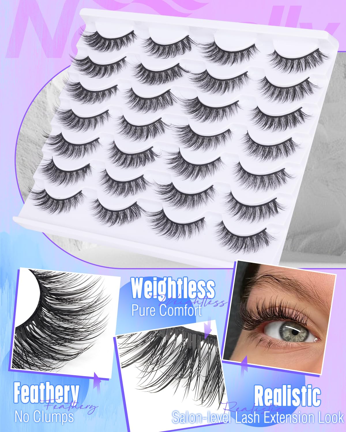 Newcally Cat Eyes Wispy Lashes soft cotton band for skin-friendly wear