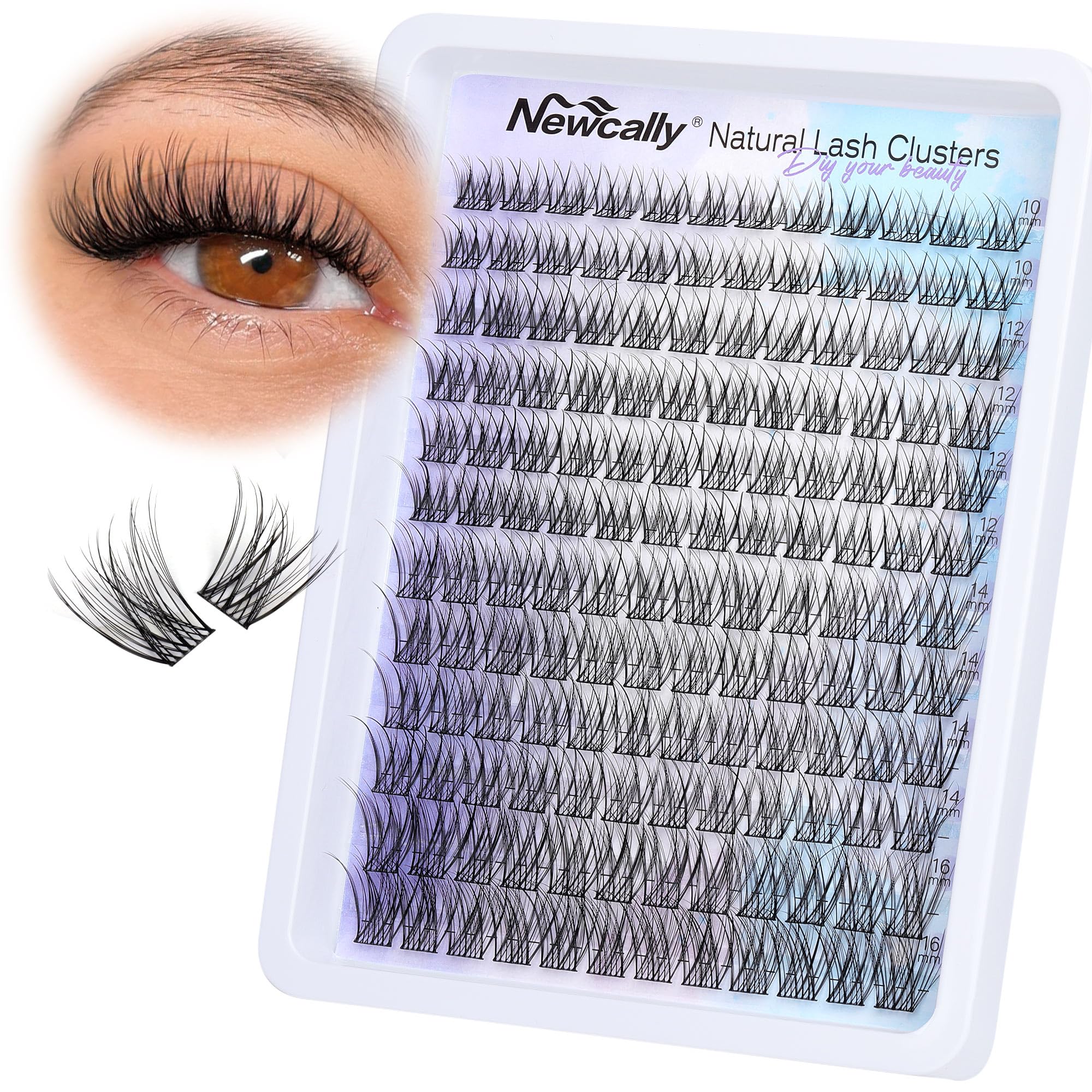Newcally natural lash clusters with C-curly shape for a subtle, eye-opening look.