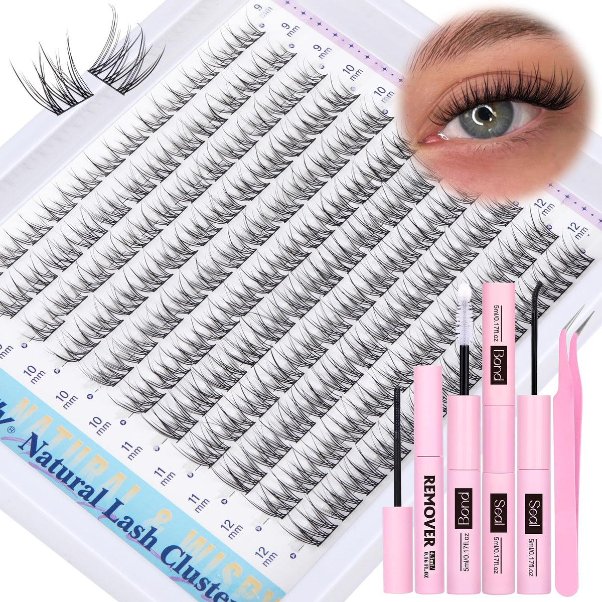 Newcally natural lash clusters kit with 9-12mm lashes for a subtle daily enhancement.