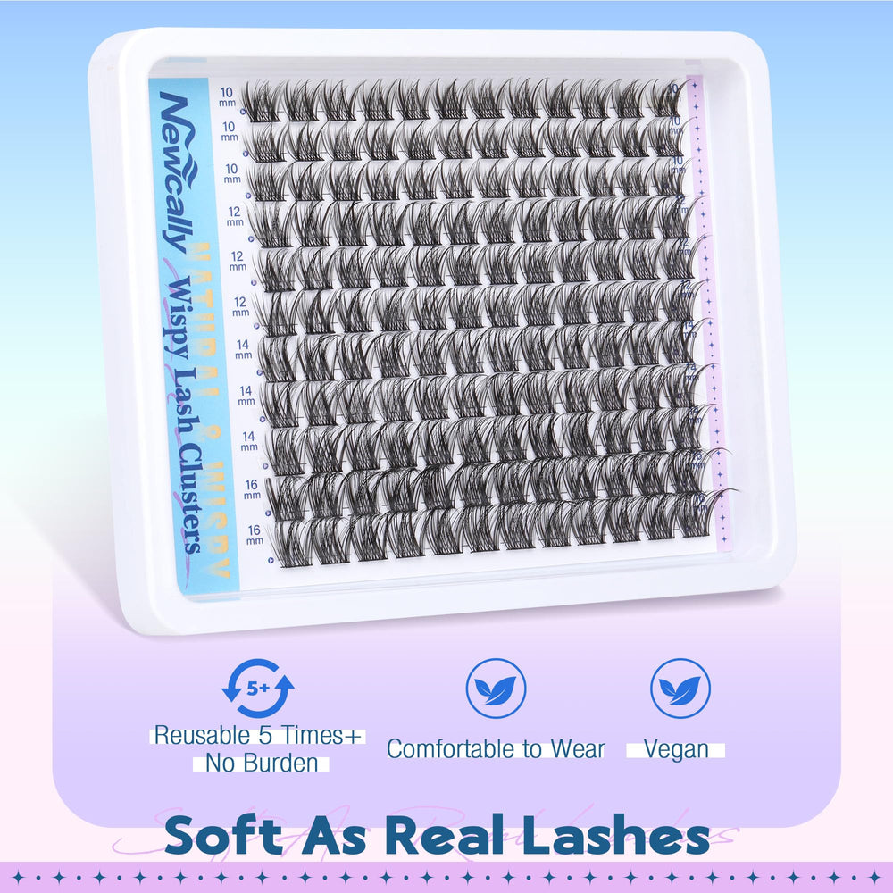 Newcally Wispy Lash Clusters close-up eye with soft 0.07D fibers.