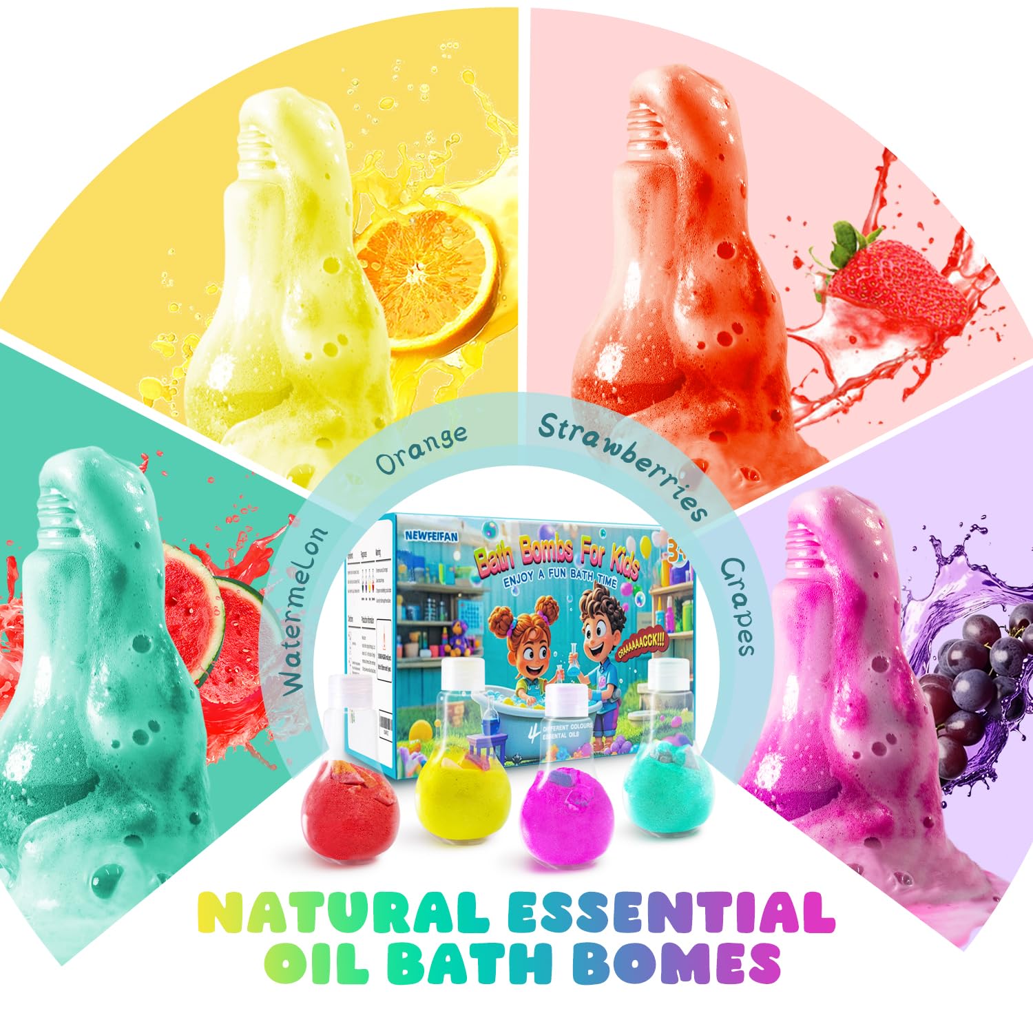 NEWFEIFAN Potions bath bombs fizz into bubbles with bright colors and science-like fun.