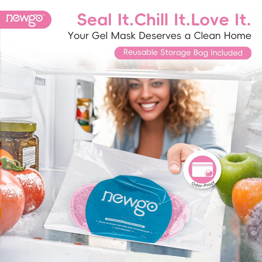 NEWGO cooling gel eye mask cold therapy ready in fridge for cooling relief.