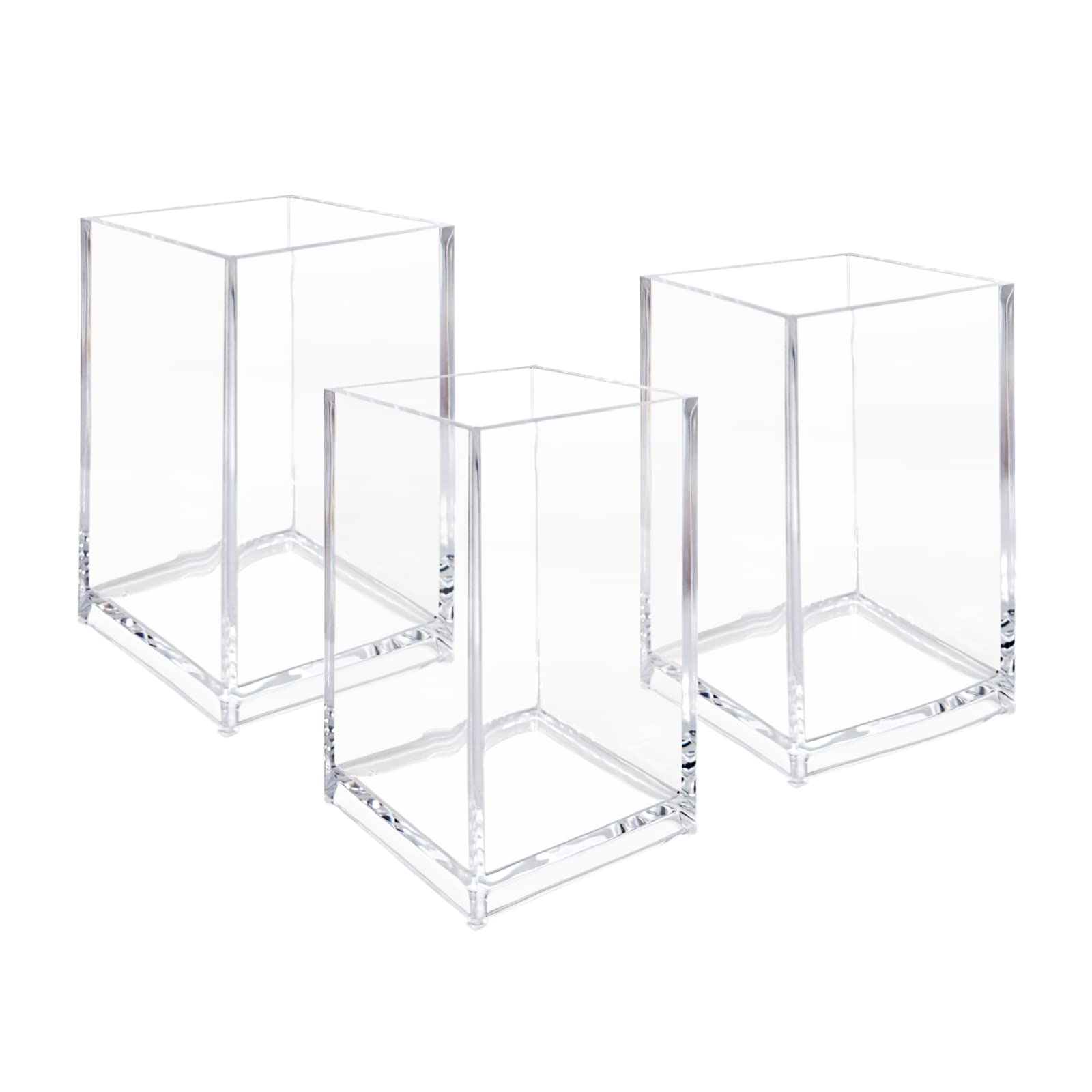 Newkita clear acrylic cosmetic pencil holder with three cups for easy visibility and organization.